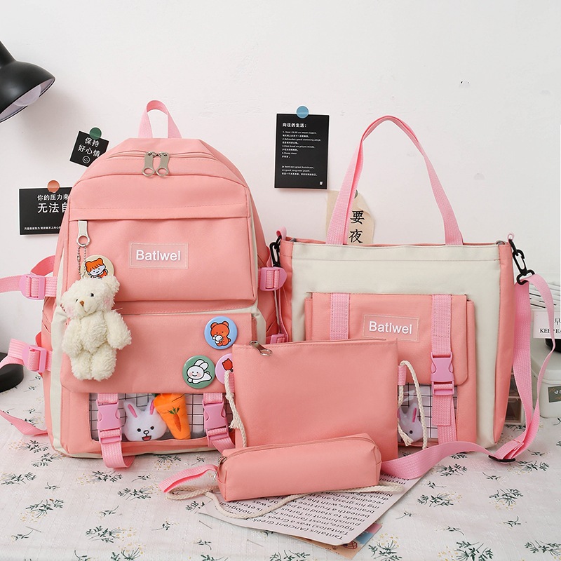 New Korean-style, fresh and color-blocking canvas backpack set for girls in stock, designed for middle school girls details Picture
