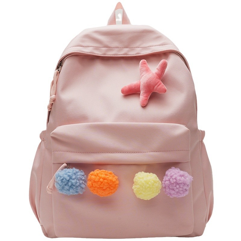 Minimalist style backpack, light and casual commuting style, trendy minimalist backpack, cute pom-pom girl style backpack Item Picture