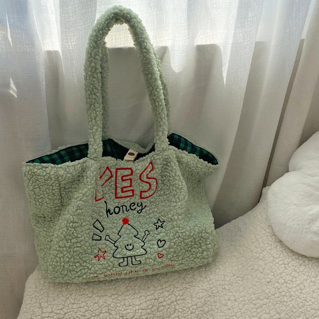 Autumn and winter Lamb plush tote bag for women 2024 New style, cute large-capacity single-shoulder bag, versatile for commuting to school Specification drawing