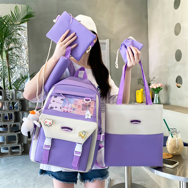 Junior high school student schoolbag, large-capacity girls' make-up class bag, five-piece backpack, fashionable Korean-style fresh and clean campus backpack details Picture