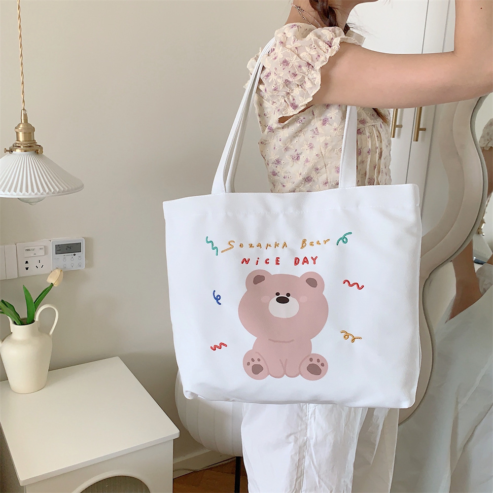3854 large-capacity tote bag for women, 2023 new trendy cartoon bear print shopping bag, single-shoulder bag, canvas bag Specification drawing