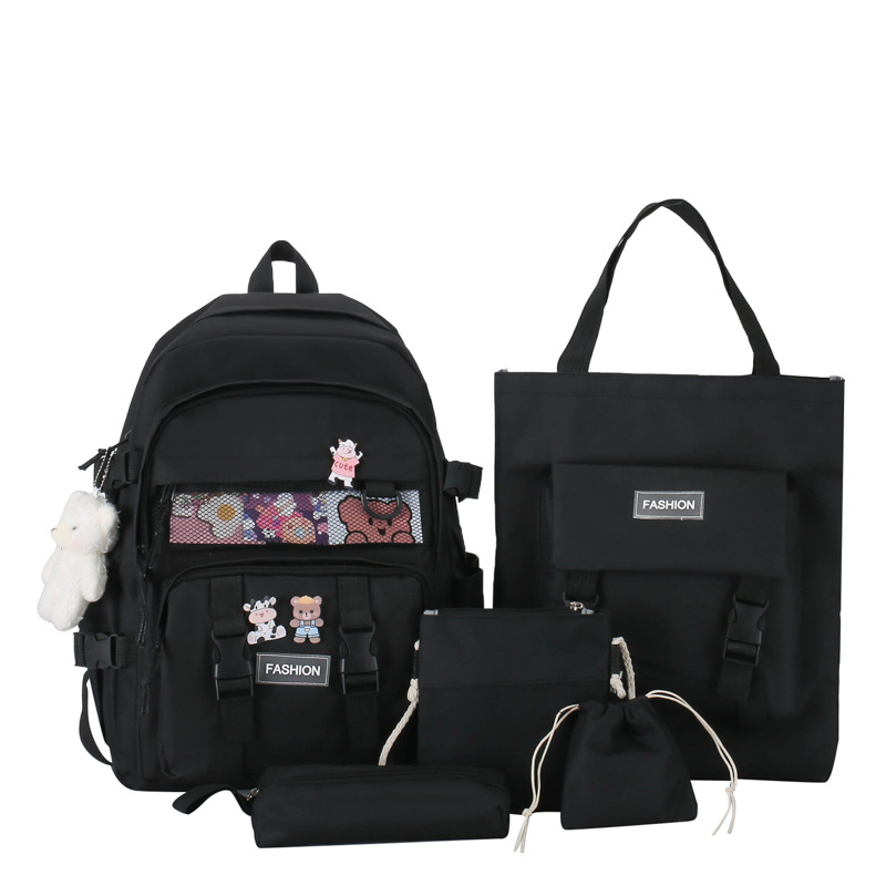 New five-piece schoolbag set for girls, Korean style Harajuku color block, large-capacity junior high school backpack, middle school backpack Item Picture