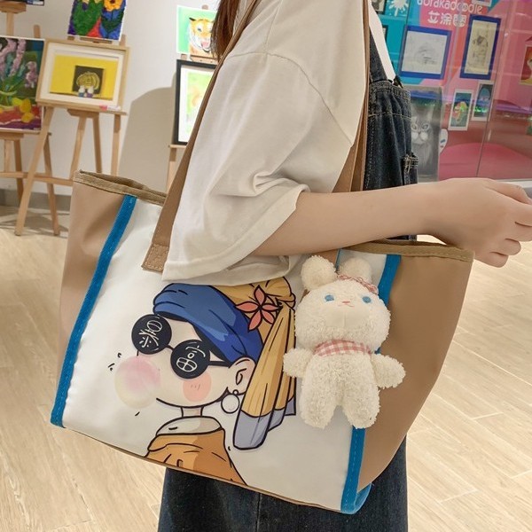 A versatile cartoon new cute large-capacity class handbag, student shoulder bag, printed graffiti, fresh tote bag Specification drawing