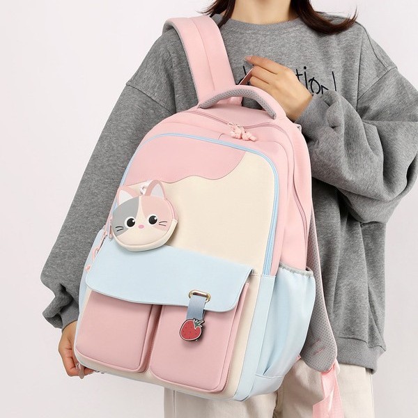 Color-blocked backpack for girls, a trendy and fashionable backpack for girls, a color-blocked school-style backpack for primary school students Specification drawing