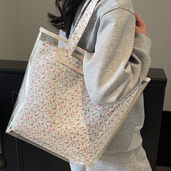 New Spring/Summer 2025 versatile girlish casual bag, double-layered floral print large-capacity outdoor tote bag, single-shoulder bag full figure