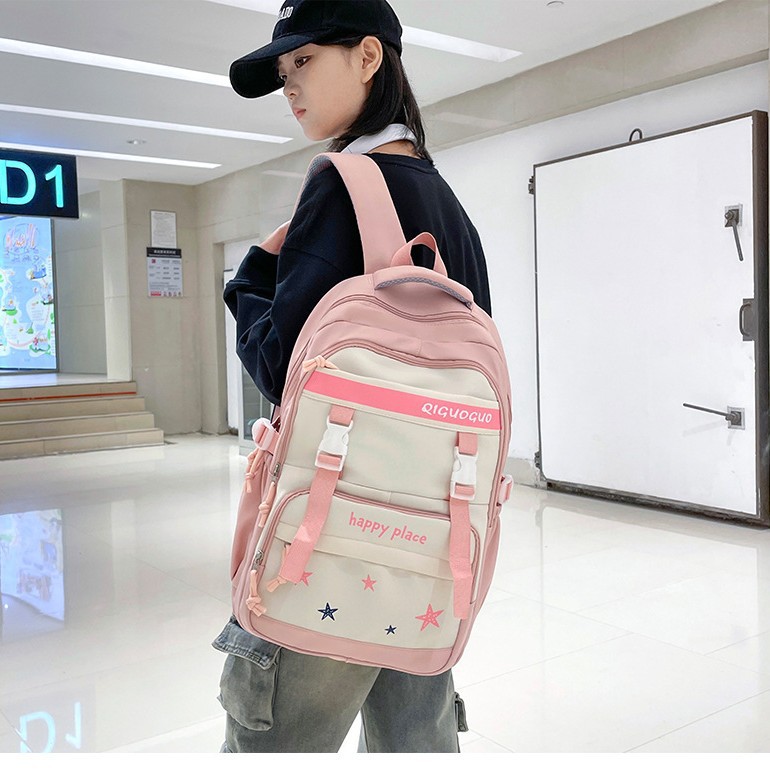 This forest-themed backpack features a large capacity, high appearance level, simple ins color contrast, and is versatile. It can be carried on both shoulders by junior high school, senior high school, and college students Specification drawing