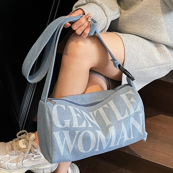 Letter denim bag for Women 2025, a new casual and fashionable style, versatile crossbody pillow bag, commuting bucket single-shoulder bag full figure