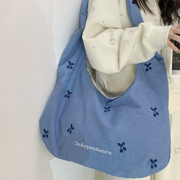 2025 Japanese school-style bag for women, large-capacity casual and artistic embroidered bow tote bag for commuting to work details Picture