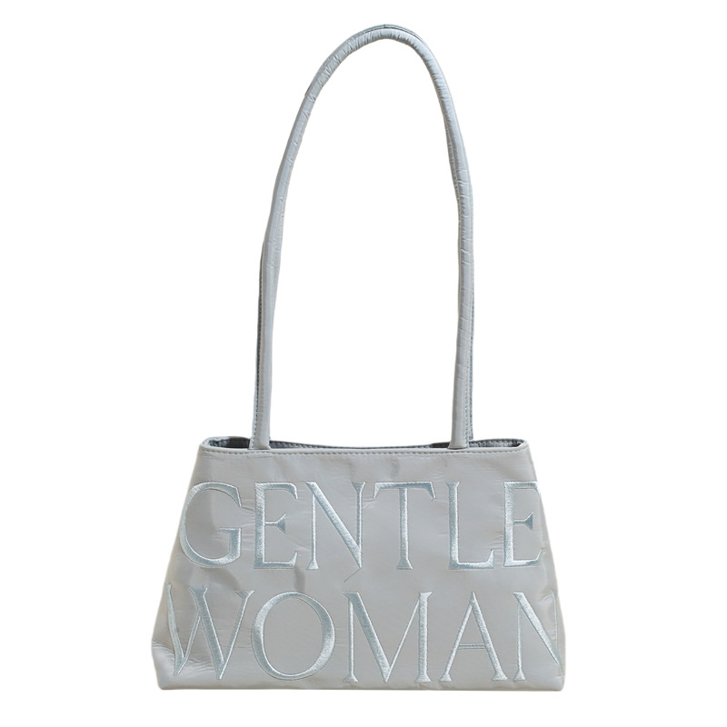 The 2025 new satin letter embroidery thread single-shoulder bag features a niche design that is fashionable and versatile. It is a single-shoulder hand-held underarm bag with tote Item Picture
