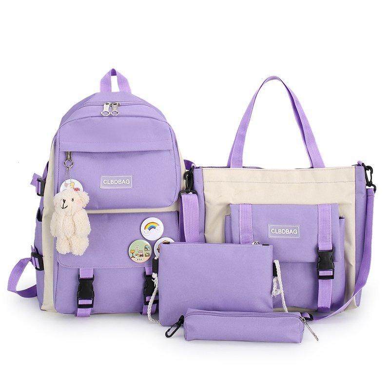 Korean version four-piece set, high school and junior high school student pendant decoration, forest-themed large-capacity backpack, simple and lightweight backpack Item Picture