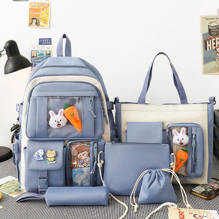 Five-piece backpack set, lightweight backpack for junior high school and senior high school students, backpack for primary school students, large-capacity backpack for girls, textbooks and annotations included Specification drawing