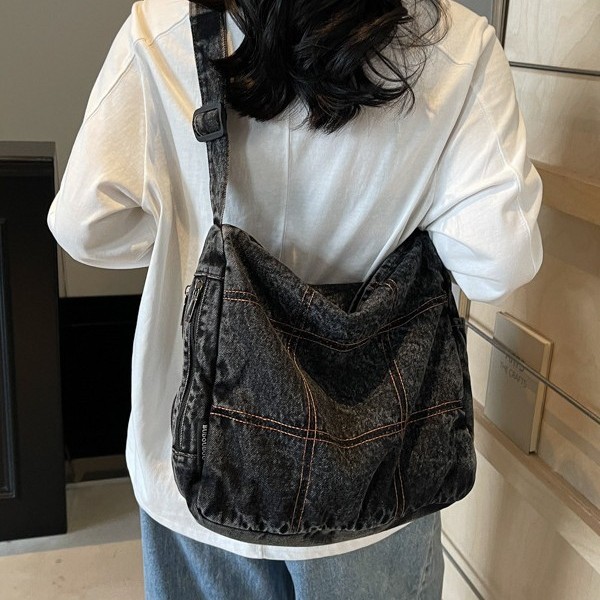 New Japanese and Korean ins minimalist denim bag, single-shoulder bag, crossbody bag, fabric bag, student large-capacity women's bag, tote bag Specification drawing
