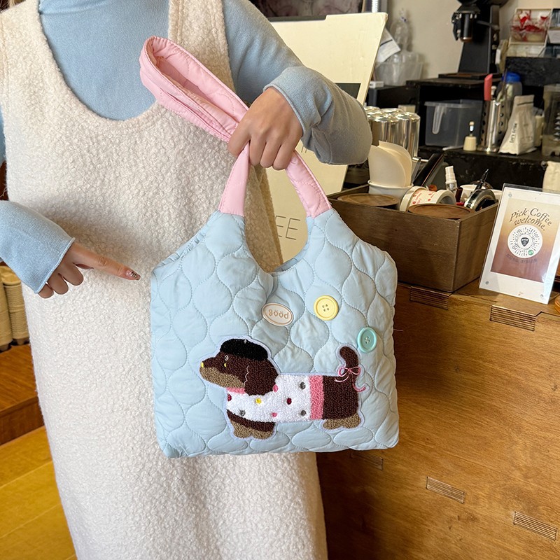 A niche design with a laid-back style student class backpack, a cute embroidered puppy color-blocking single-shoulder bag, and a large-capacity tote bag Specification drawing