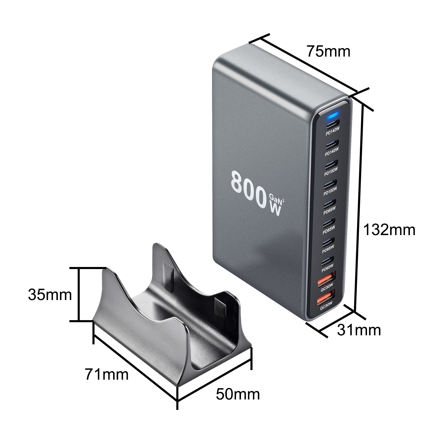 New 800W gallium nitride PD charger, 765W multi-functional PD desktop charger, 730W cross-border 10-port charger Item Picture