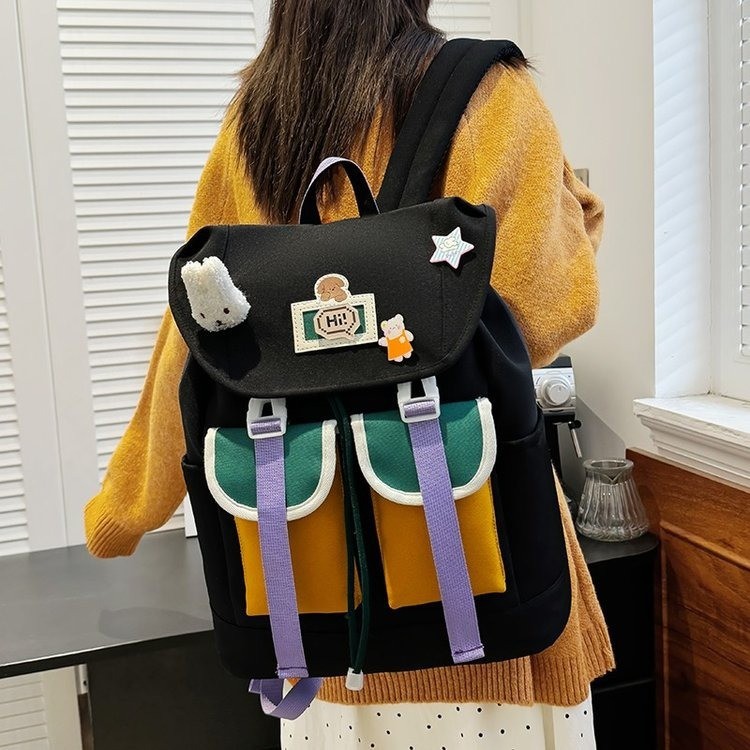 Versatile and trendy schoolbag for girls, cartoonish and fashionable student backpack, high-end for women, casual and fresh, color-blocking backpack Specification drawing
