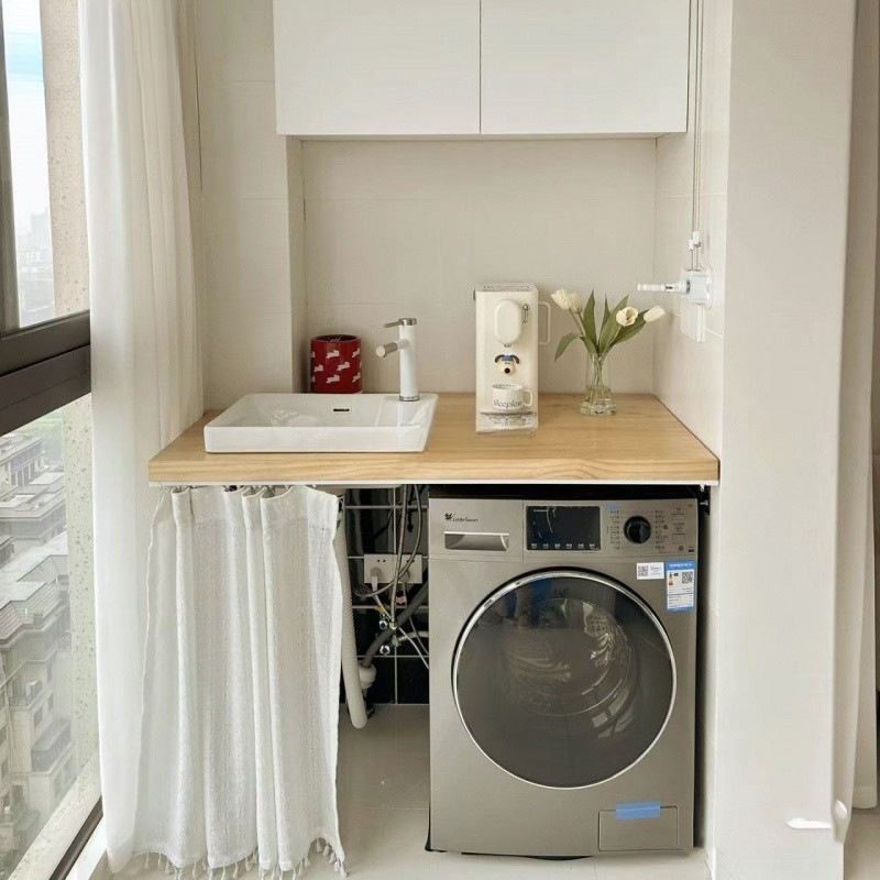 eQp custom-made balcony laundry cabinet, solid wood countertop renovation design, storage cabinet, shelf, storage cabinet, sink one full figure