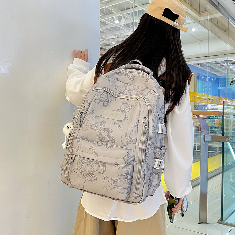Large-capacity schoolbag for girls in high school, laid-back style, dirt-resistant, university campus class bag, ins bear nylon backpack details Picture