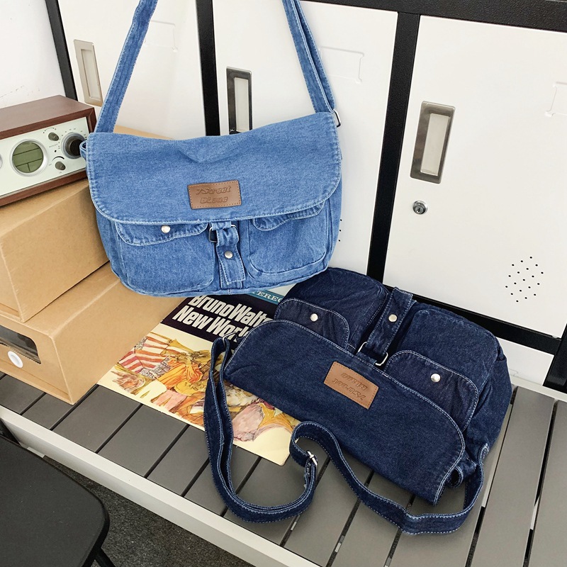 Artistic denim canvas bag 2023 New style, fashionable multi-pocket crossbody bag, college student class bag, Japanese and Korean casual backpack Specification drawing