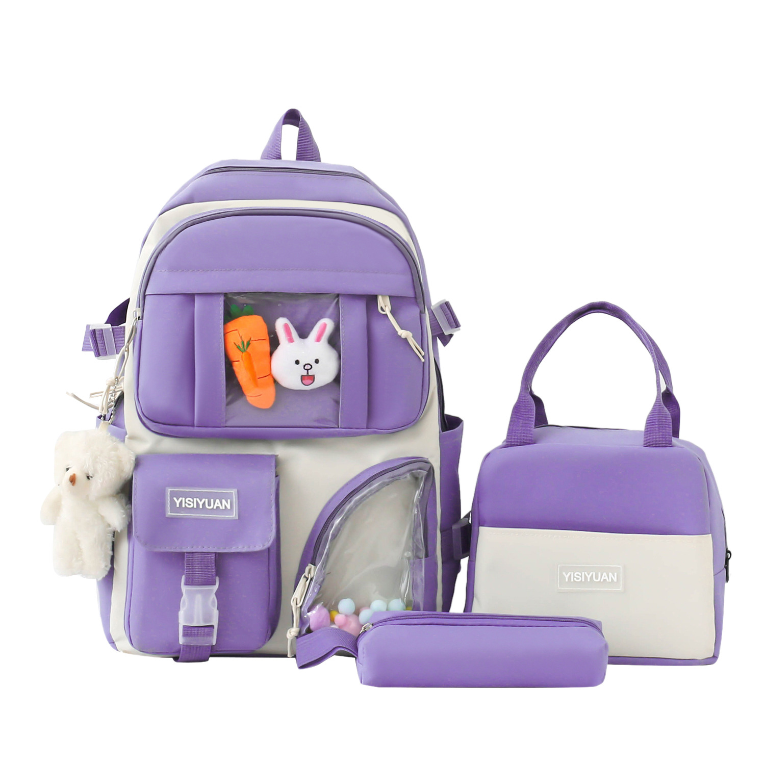 The new cross-border canvas backpack for girls, a fresh and color-blocking three-piece set, is a trendy school backpack for junior and senior high school students Item Picture