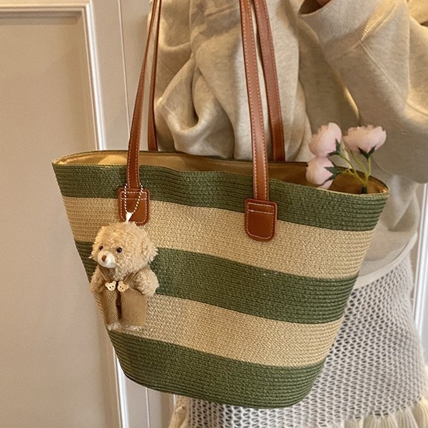 Cross-border single-shoulder bag, straw woven bag, large-capacity tote bag for travel and vacation, simple striped beach and seaside commuting bag Specification drawing