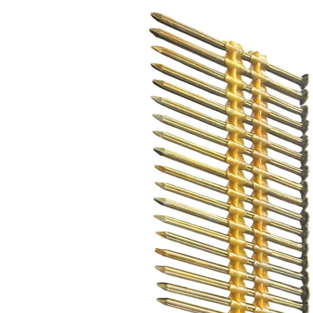 21-degree plastic row, electroplated color zinc, over-yellow paint plastic row nails, factory direct supply, export quality wholesale price Specification drawing