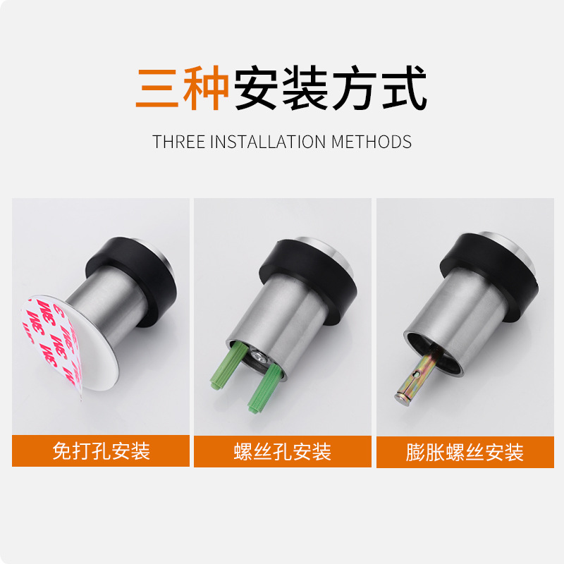 Rubber anti-collision door stop, no need for drilling, stainless steel round door stop, safe household door stop, floor-mounted cylindrical door bump Application Scenario