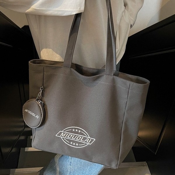 New embroidered canvas bag, versatile, thickened single-shoulder, large capacity, simple student commuting, hand-held tote bag for class, trendy details Picture