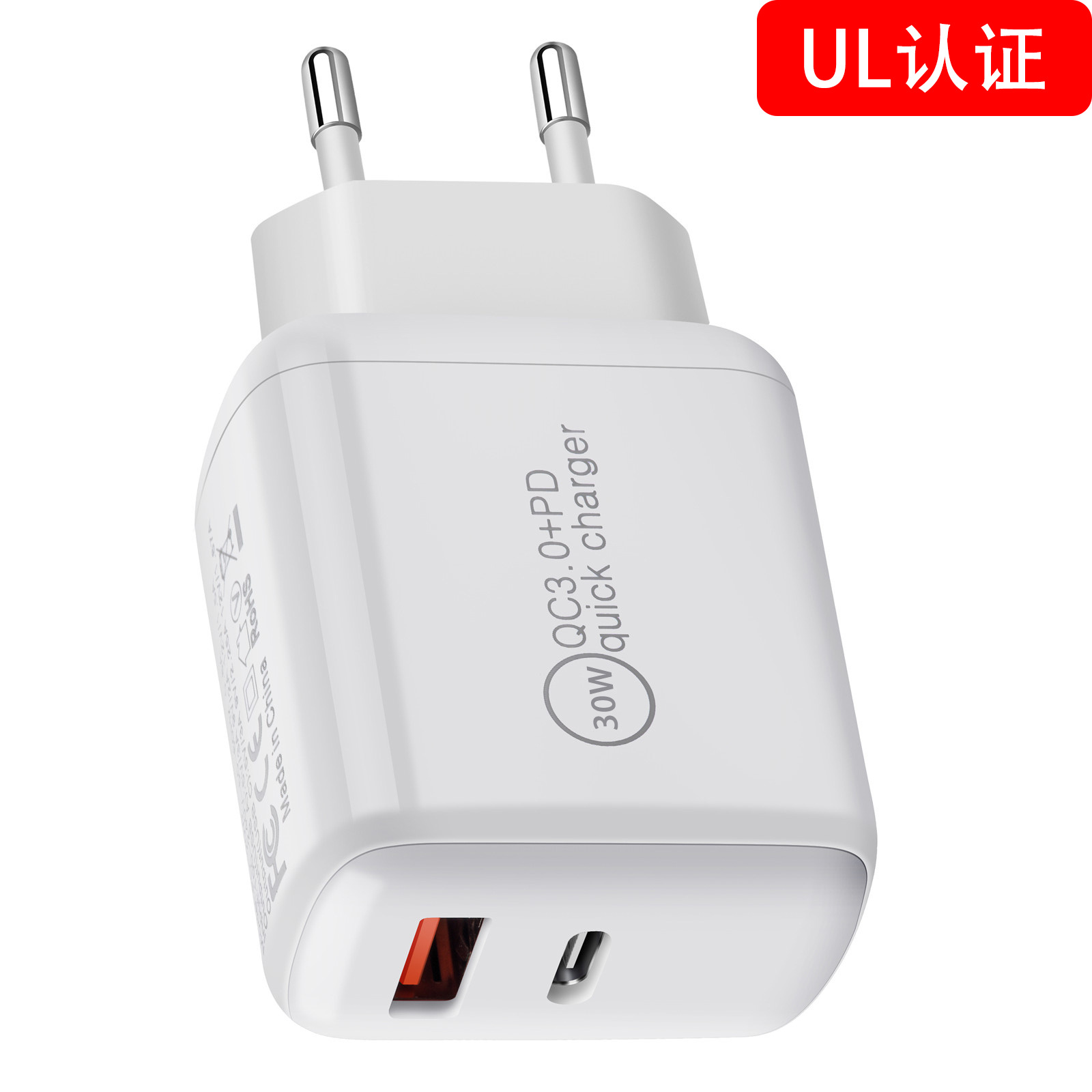 CE certified PD charger 30W dual-port A+C, US-standard CE certified PD adapter 30W foldable pin PD direct charging Item Picture