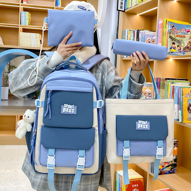 Trendy nylon four-piece set backpack in stock, fashionable color-blocking school backpack, large-capacity college student schoolbag for girls Application Scenario