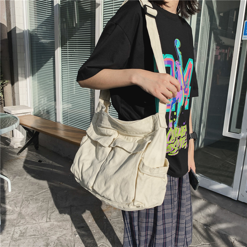 Japanese-style artistic youth high-quality canvas bag, ins casual and fashionable multi-pocket messenger bag, retro single-shoulder crossbody bag full figure