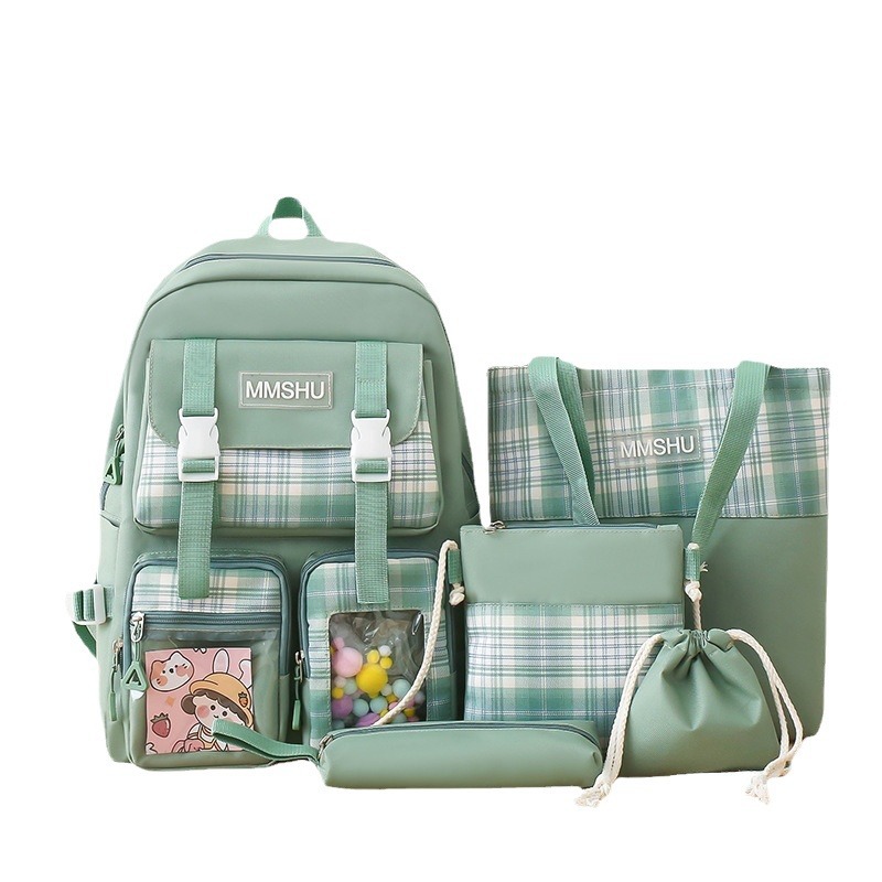 Fashionable checkered large-capacity middle school schoolbag five-piece set, multi-functional casual backpack, girls' primary school tutoring bag Item Picture