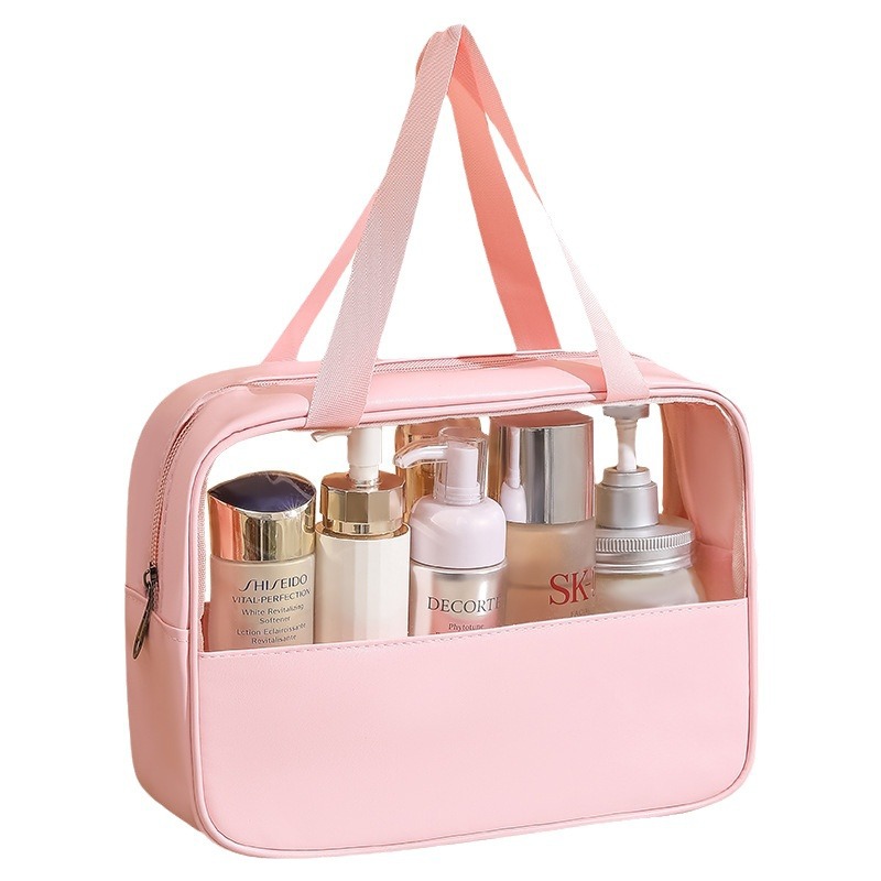 In stock: PVC semi-transparent spliced cosmetic bags, large-capacity bath bags, PU waterproof hand-carry portable travel storage bags Item Picture