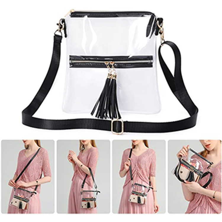 Cross-border transparent tassel small crossbody bag stadium approved front zipper pocket and adjustable shoulder strap processing customization details Picture
