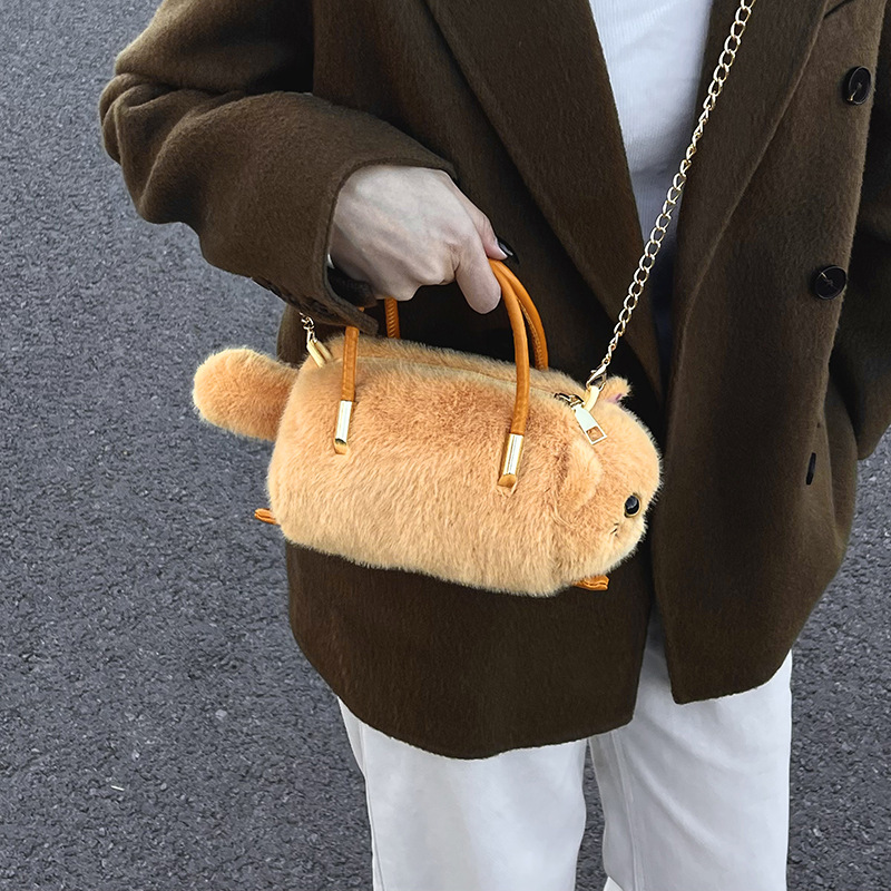 New cartoon plush hand-held crossbody bag, cute plush doll cat, large capacity cute chain coin purse bag Specification drawing