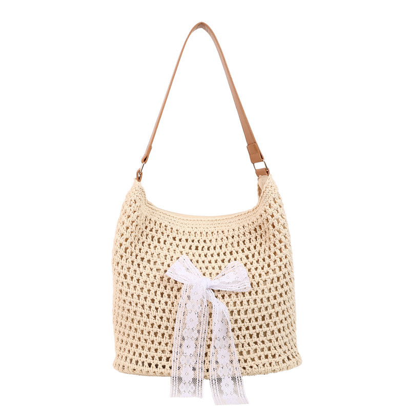 Fashionable and simple seaside vacation beach style women's single-shoulder bag, large-capacity fashionable hand-held shoulder bag, solid-color woven bag Item Picture