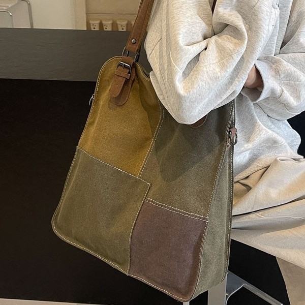 Color-blocking canvas bag 2025 new style patchwork women's handbag, retro and simple single-shoulder bag, fashionable crossbody bag for women details Picture