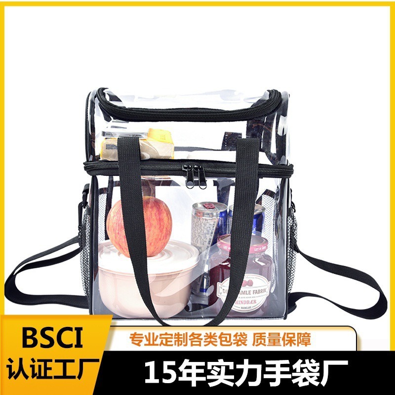 Manufacturer's transparent pvc lunch bag, hand-held, double-layer multi-functional, single-shoulder portable, zipper, waterproof and multi-purpose full figure