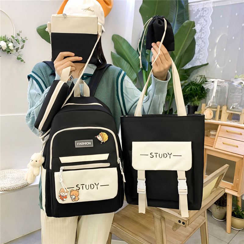 New letter canvas schoolbag for students, five-piece set, large-capacity Korean version ins campus girls' backpack full figure