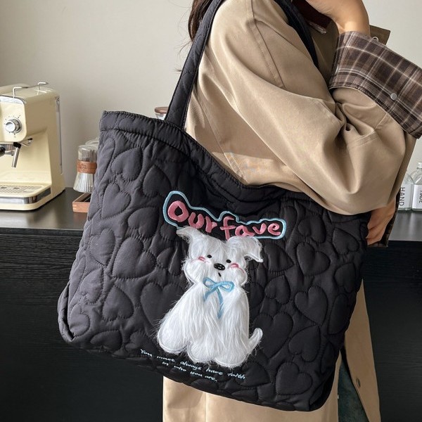 Casual and cute puppy cotton bag, large-capacity zipper tote bag, soft and glutinous quilted heart-shaped baby pink single-shoulder bag for girls full figure