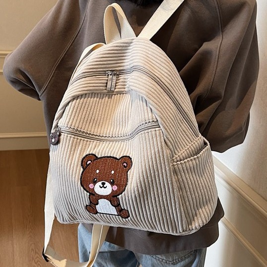 ins Versatile casual backpack, women's versatile artistic backpack, fresh and solid color Korean-style bear backpack details Picture