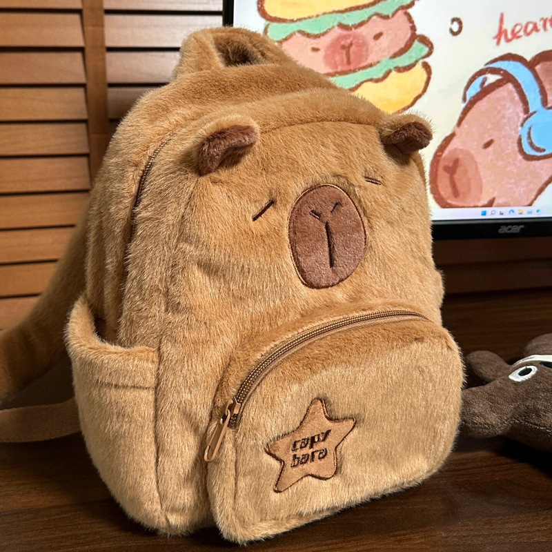 The new Capybara plush backpack, a cross-border bestseller, is a casual and versatile schoolbag for girls Specification drawing