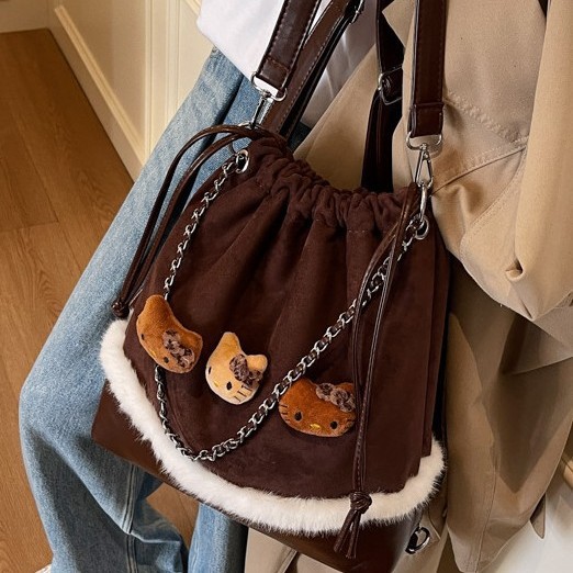 Multi-functional KT cat solid color crossbody bag, fabric bag, autumn and winter tote bag, Korean style versatile, Japanese style drawstring opening, niche backpack details Picture