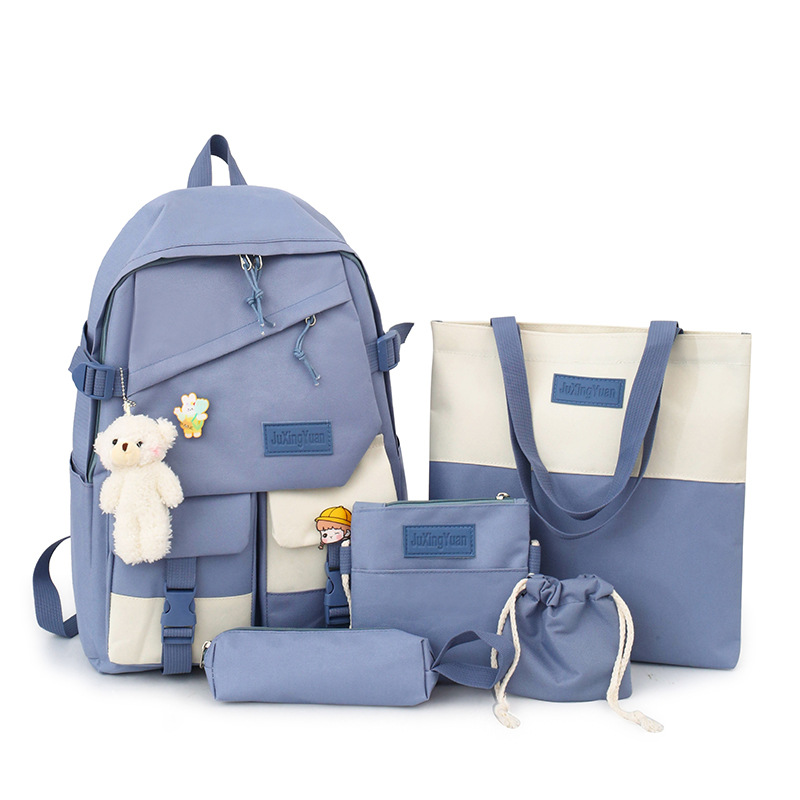 Five-piece set of schoolbag for middle school girls, Korean style Instagram Harajuku Hong Kong-style large-capacity canvas backpack for junior high school students Item Picture