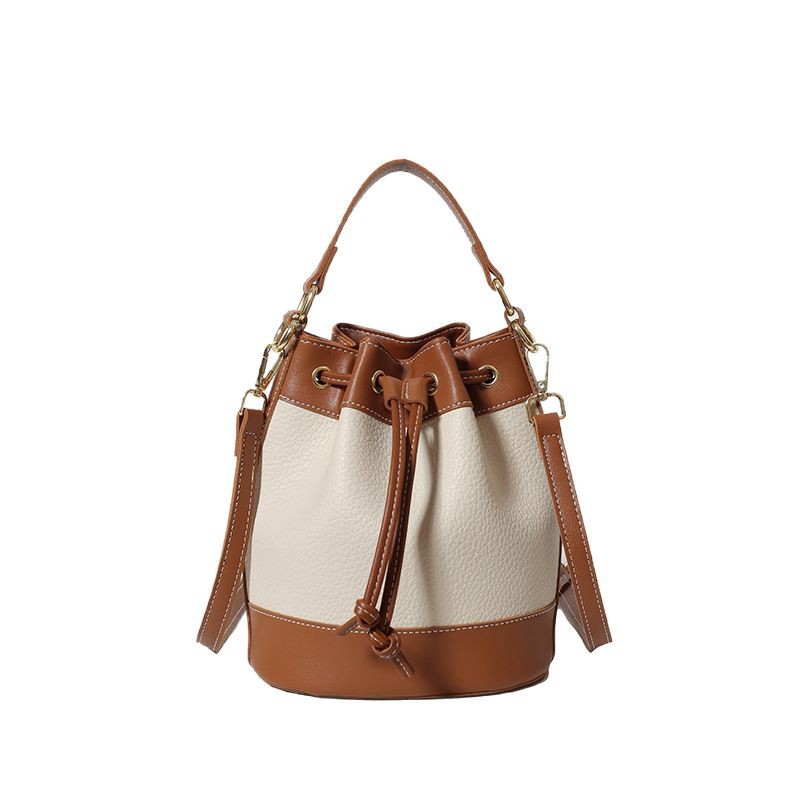 Cross-border bucket Bag 2024 New style high-end fashionable drawstrap handbag, retro color contrast texture single-shoulder crossbody bag Item Picture