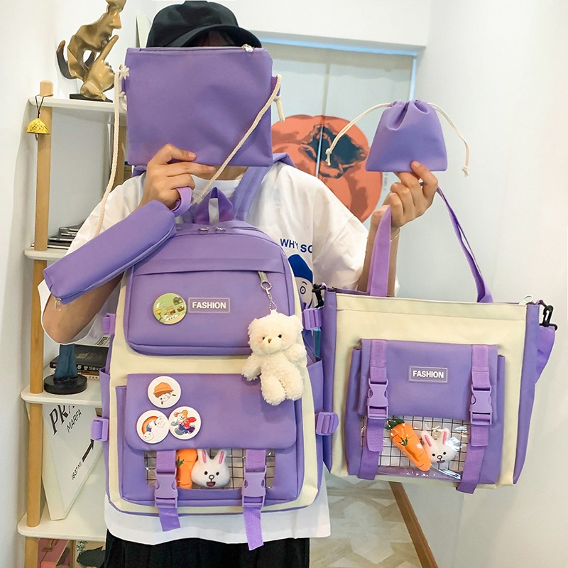 New large-capacity five-piece Korean version children's backpack and backpack for grades three to five and six details Picture