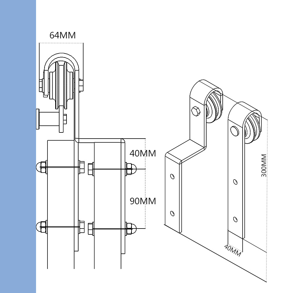Simple single-track overlapping type barn door hanging rail, sliding door pulley track hanging rail, complete set of hardware accessories Specification drawing