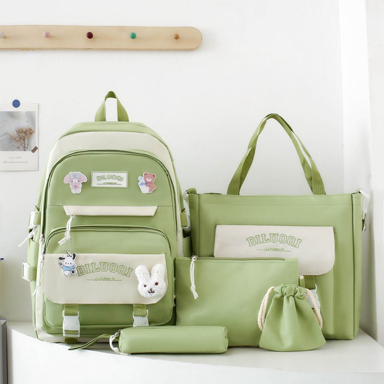 Korean InS-style cute, large-capacity, high-appearancelevel backpack, fresh and clean schoolbag, five-piece set, multi-functional tutorial bag Item Picture