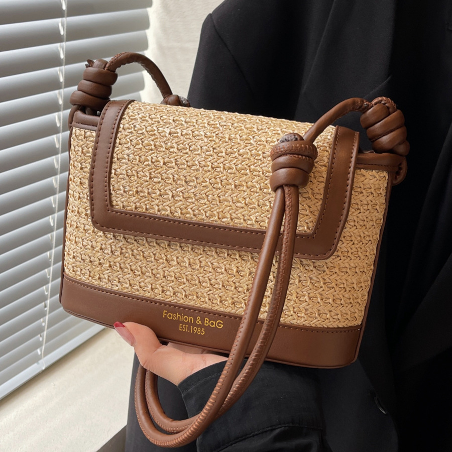 Fashionable color-blocking straw woven bag for women, 2024 new style simple and casual woven bag, high-end and versatile single-shoulder crossbody bag full figure