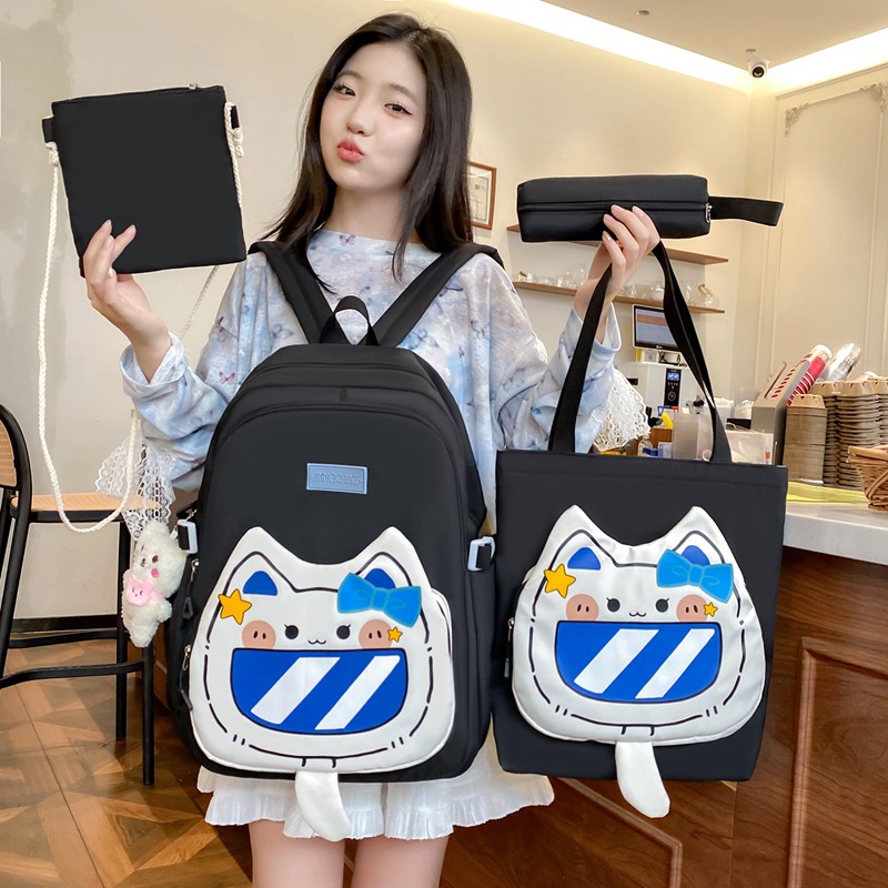 Four-piece schoolbag set, cartoon for girls, durable backpack for primary school students, high appearance level, cute cat for girls, junior high school student backpack Application Scenario