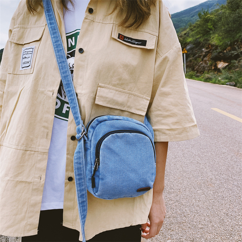Canvas crossbody bag, women's retro ins denim student small backpack, summer mobile phone bag, casual single-shoulder small bag full figure